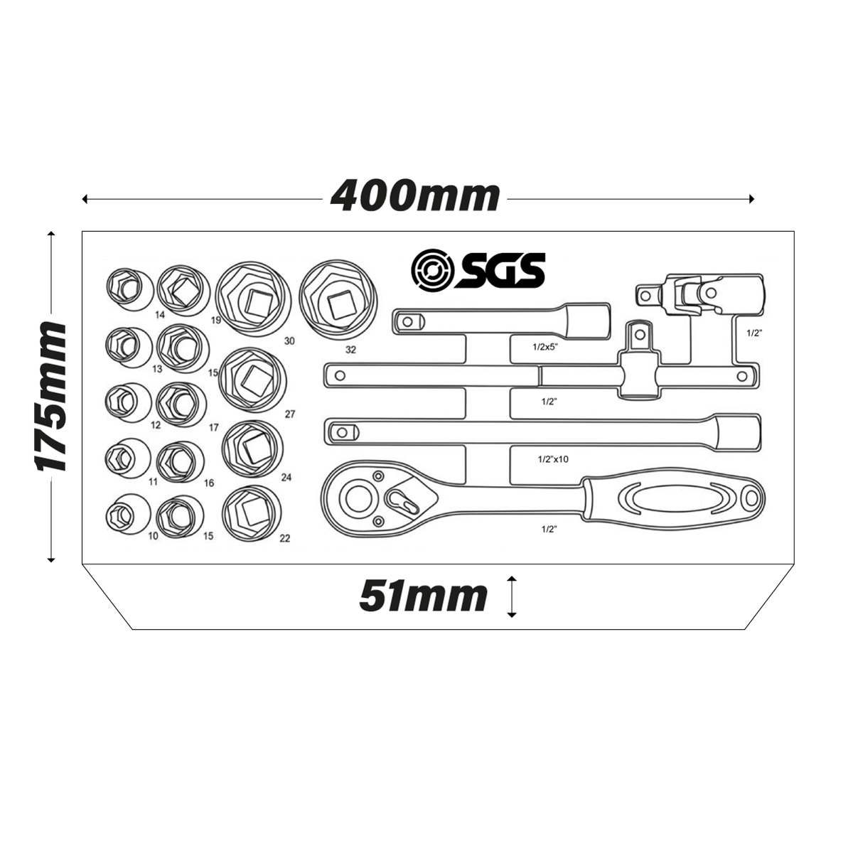 SGS 20pc 1/2in Drive Socket Set | Foam Insert